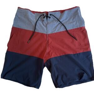 Oakley Men Swim Trunks Performance Fit Sz 33 Color Block Red Blue Board Shorts